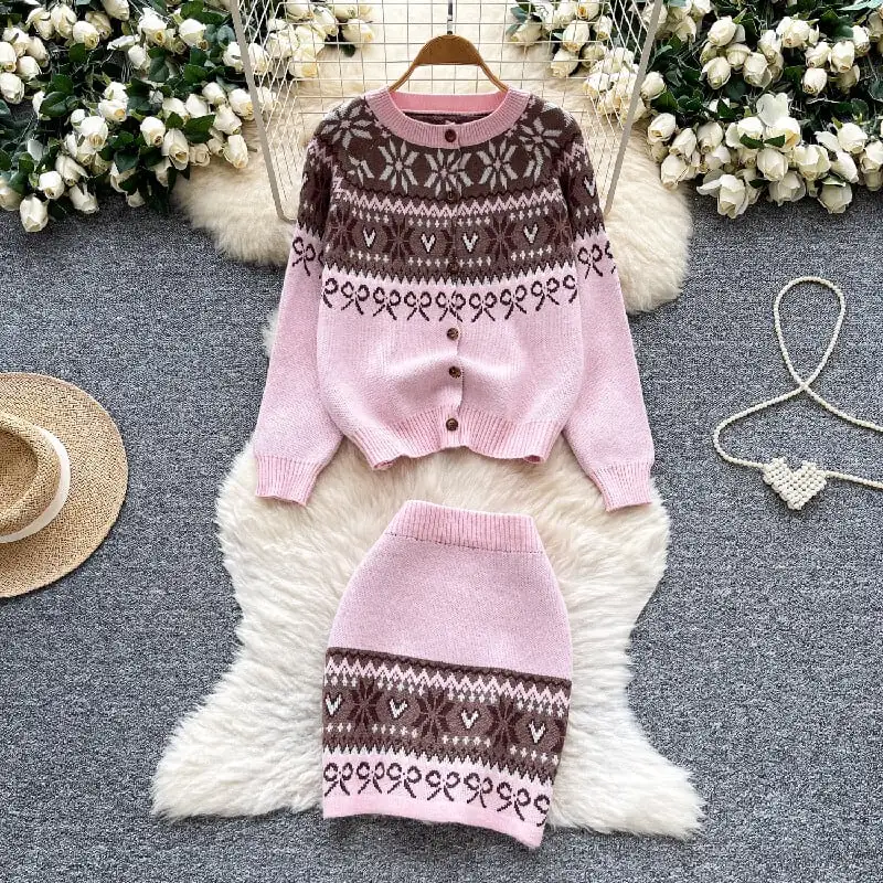 セットアップ トップス+スカート ニット 配色 ボヘミアン ピンク レッド