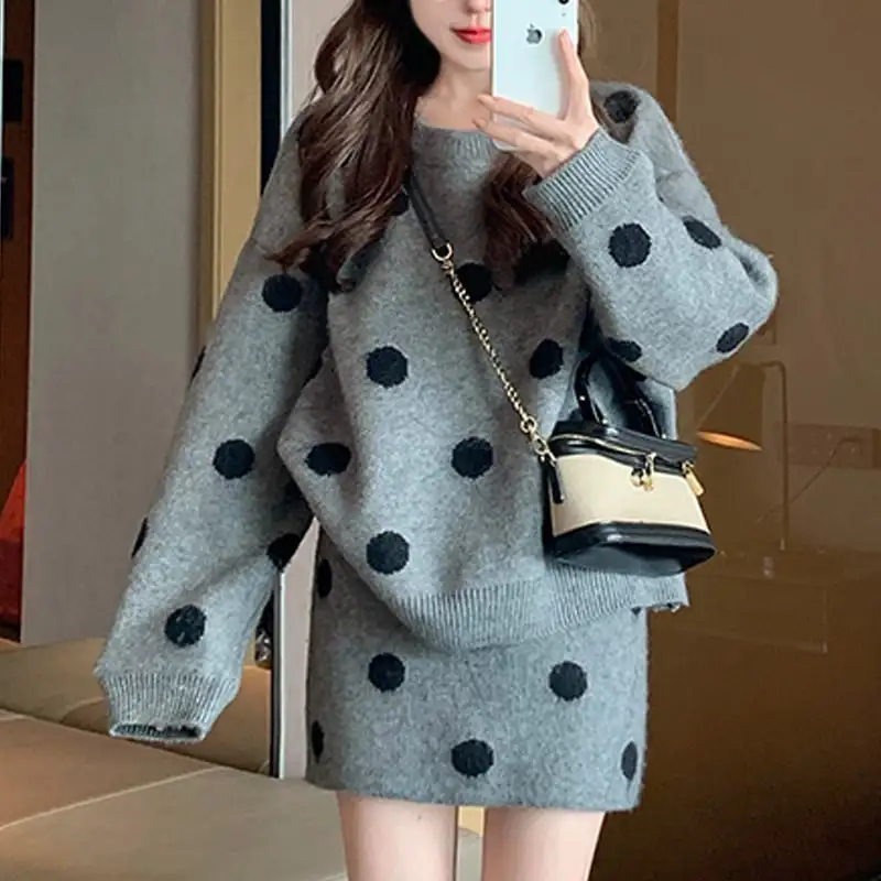 セットアップ ドット柄 ニット トップス+スカート ゆったり グレー ブラック