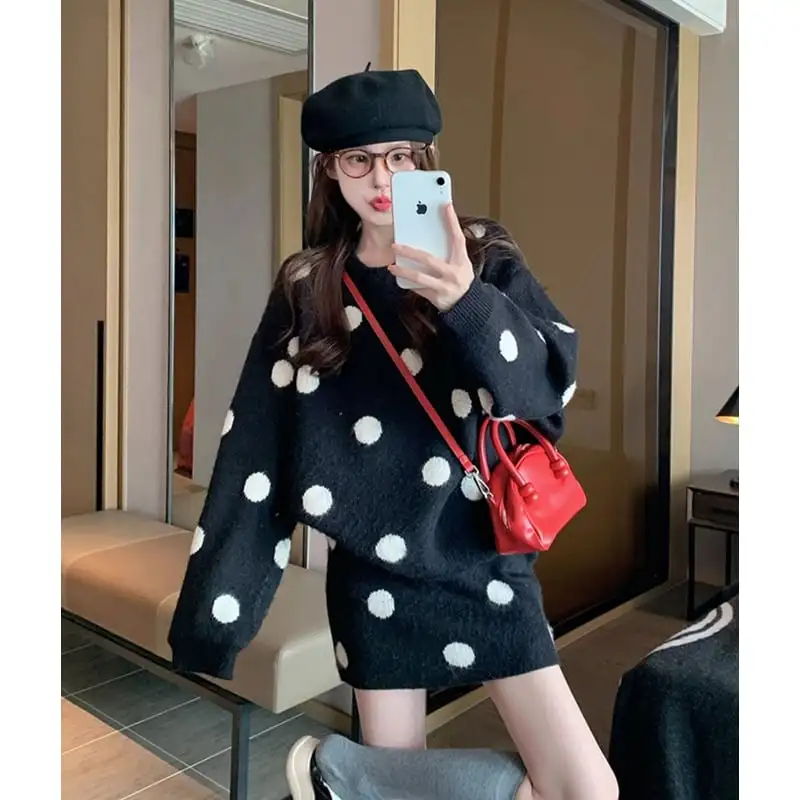 セットアップ ドット柄 ニット トップス+スカート ゆったり グレー ブラック