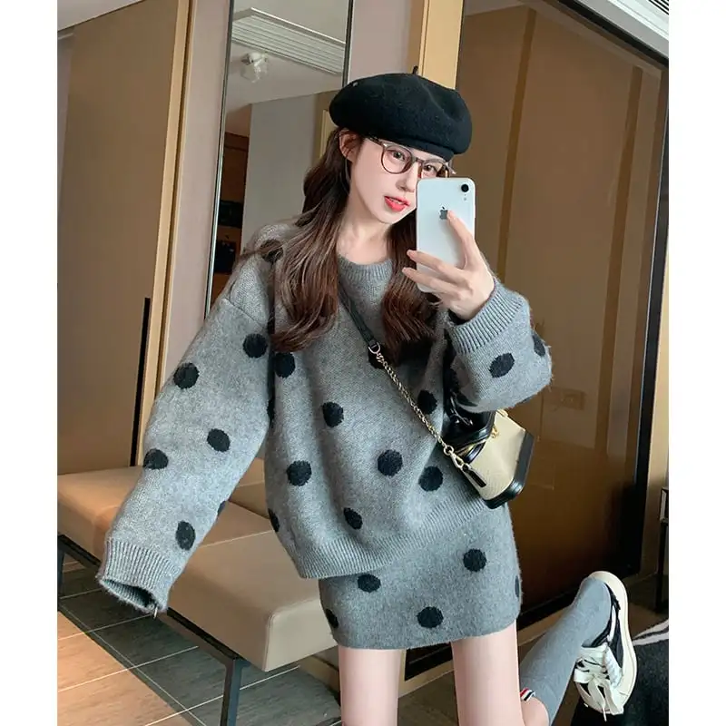 セットアップ ドット柄 ニット トップス+スカート ゆったり グレー ブラック