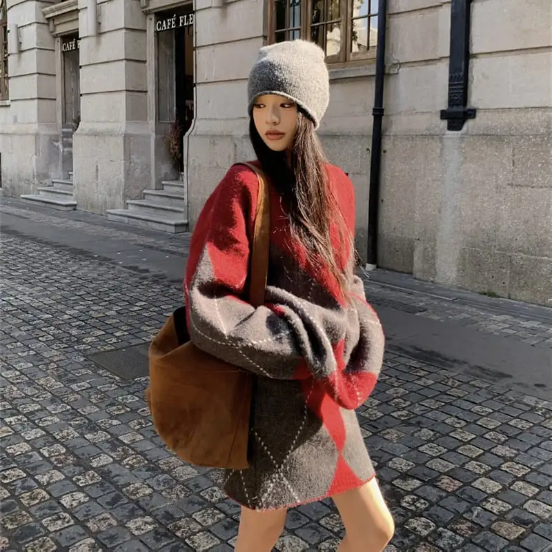 セットアップ トップス+スカートゆったり ニット ダイヤモンドパターン 着回しコーデ レッド グレー