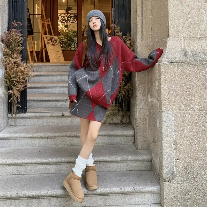 セットアップ トップス+スカートゆったり ニット ダイヤモンドパターン 着回しコーデ レッド グレー