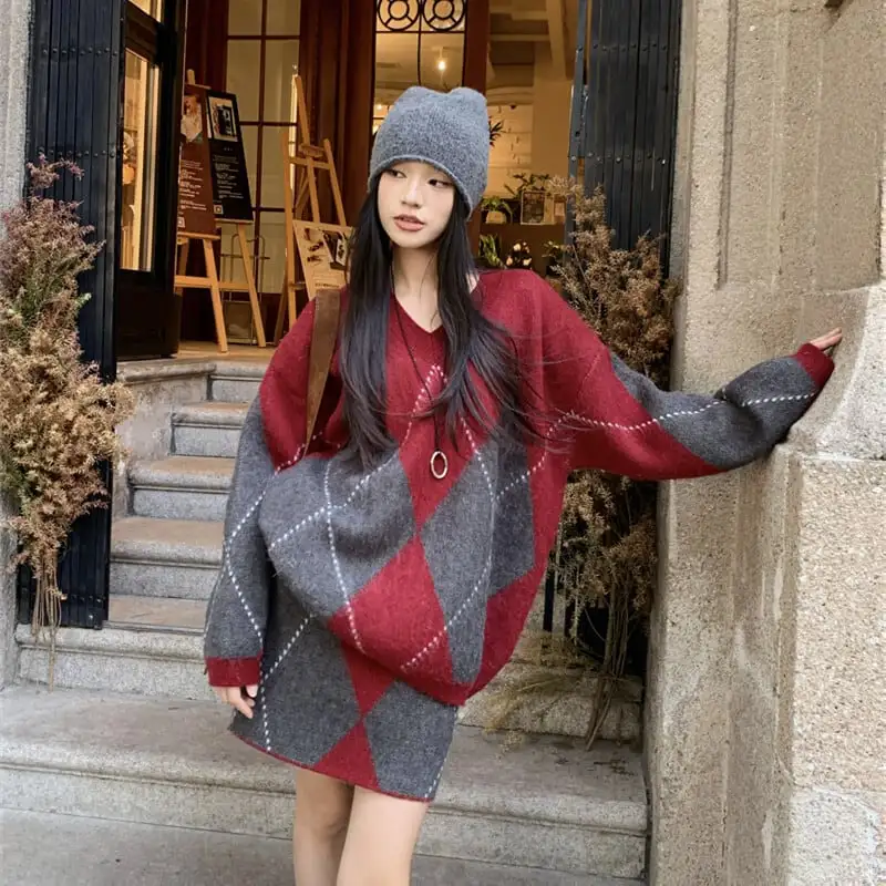 セットアップ トップス+スカートゆったり ニット ダイヤモンドパターン 着回しコーデ レッド グレー