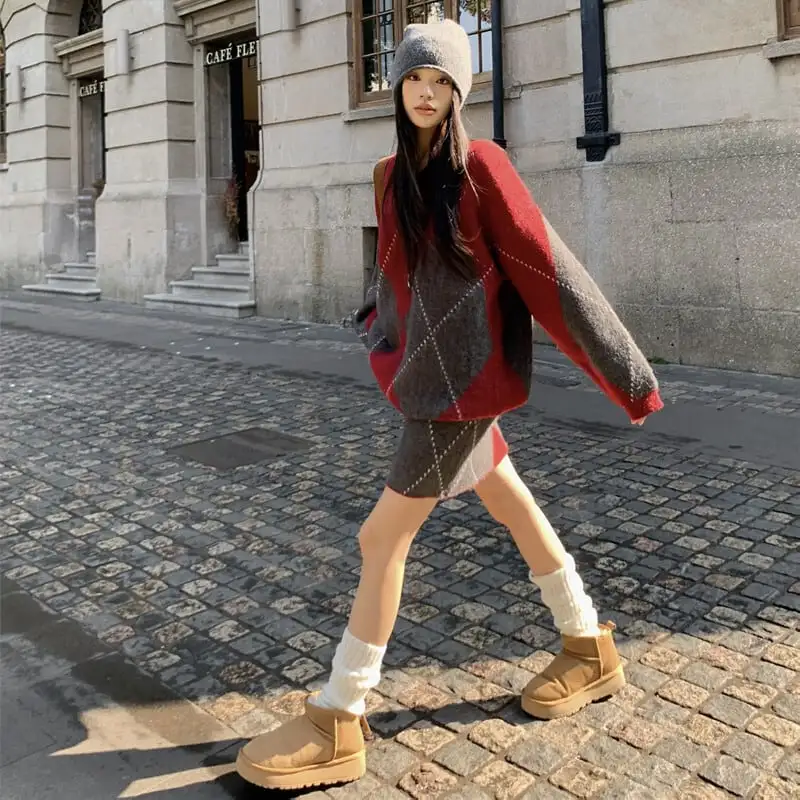 セットアップ トップス+スカートゆったり ニット ダイヤモンドパターン 着回しコーデ レッド グレー