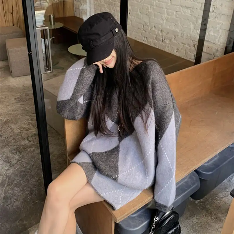 セットアップ トップス+スカートゆったり ニット ダイヤモンドパターン 着回しコーデ レッド グレー