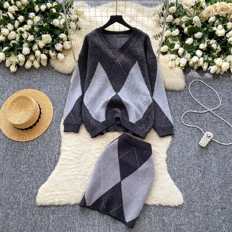 セットアップ トップス+スカートゆったり ニット ダイヤモンドパターン 着回しコーデ レッド グレー