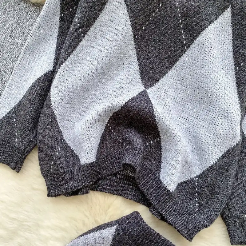 セットアップ トップス+スカートゆったり ニット ダイヤモンドパターン 着回しコーデ レッド グレー