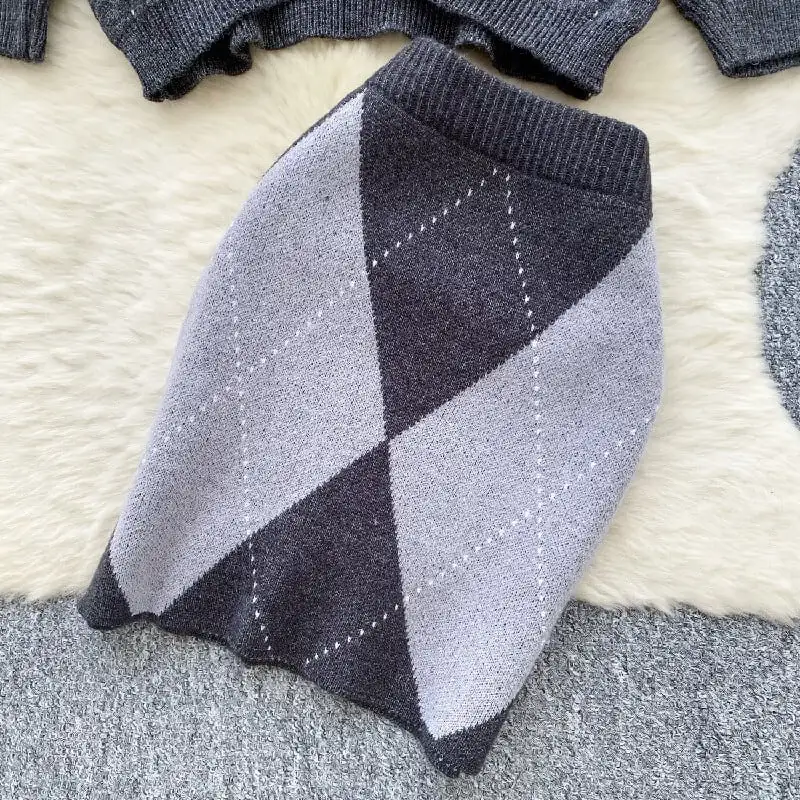 セットアップ トップス+スカートゆったり ニット ダイヤモンドパターン 着回しコーデ レッド グレー