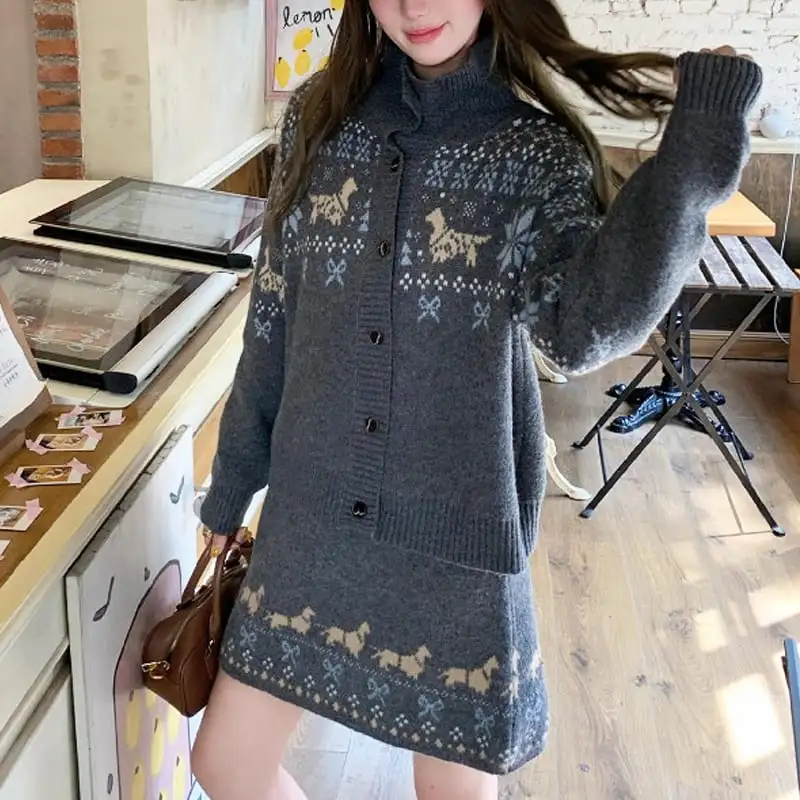 セットアップ トップス+スカート ニット 配色 ボヘミアン カジュアル グレー