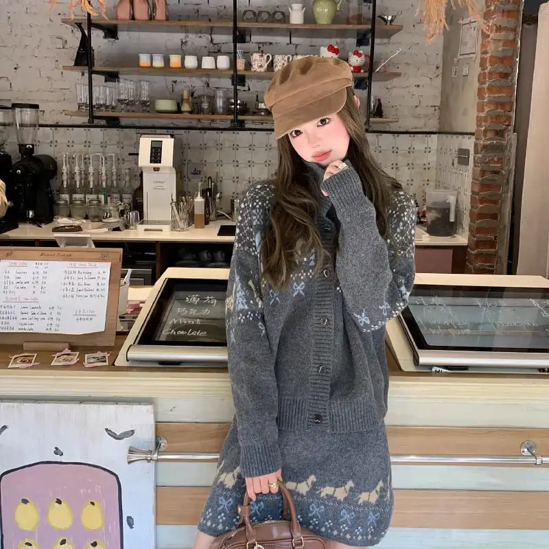 セットアップ トップス+スカート ニット 配色 ボヘミアン カジュアル グレー