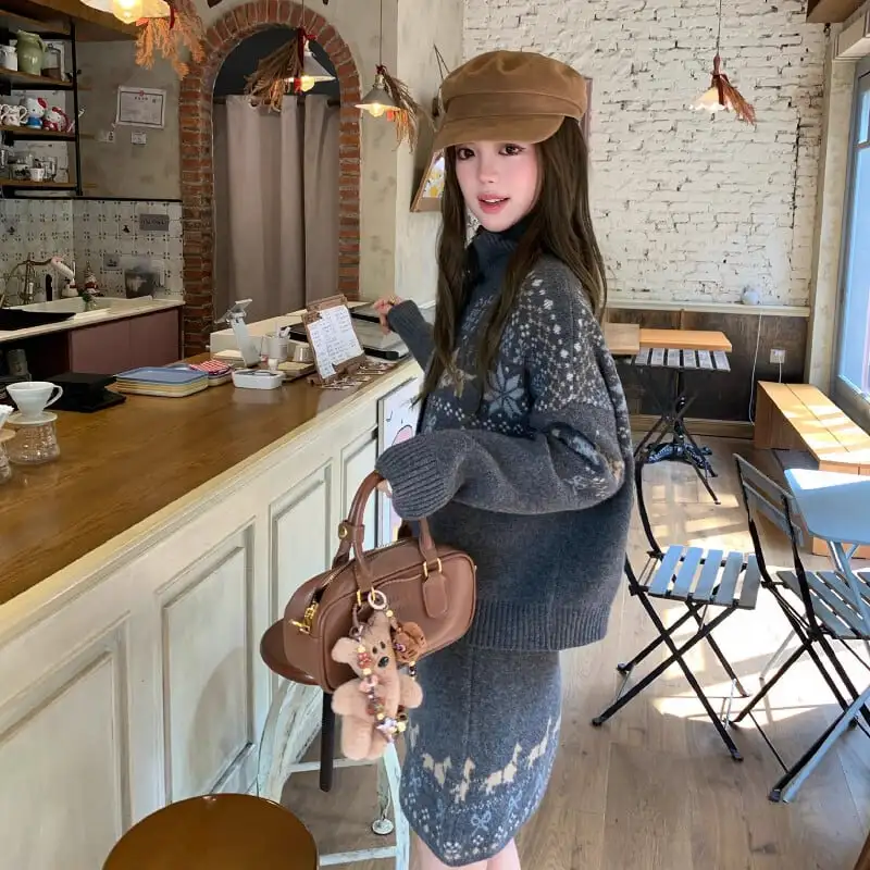 セットアップ トップス+スカート ニット 配色 ボヘミアン カジュアル グレー