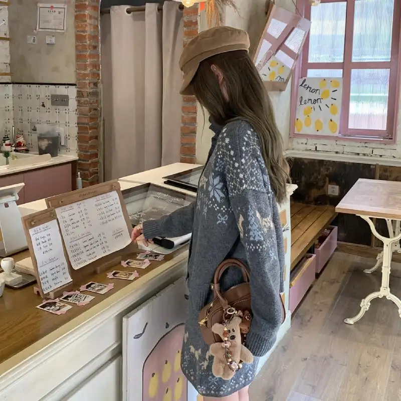 セットアップ トップス+スカート ニット 配色 ボヘミアン カジュアル グレー