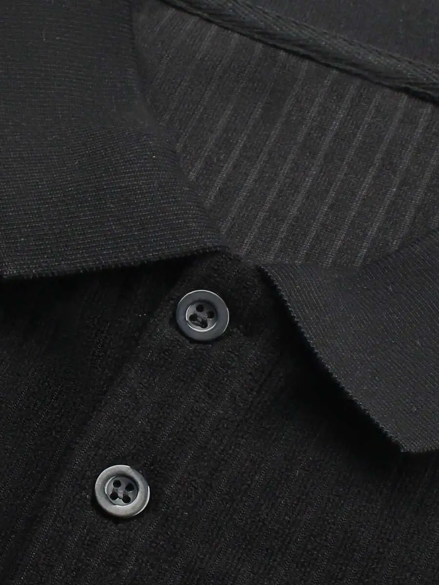 カジュアル ブラック襟付き ボタン リブ編み 長袖 ポロシャツ