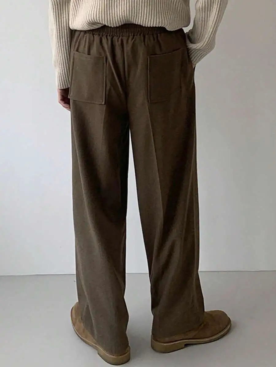 ソリッドカラー ウエスト伸縮デザイン ブラウン カジュアルパンツ