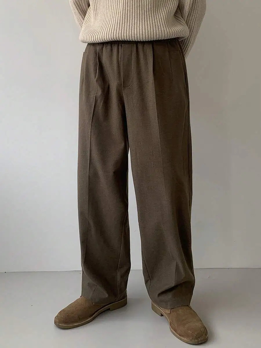 ソリッドカラー ウエスト伸縮デザイン ブラウン カジュアルパンツ