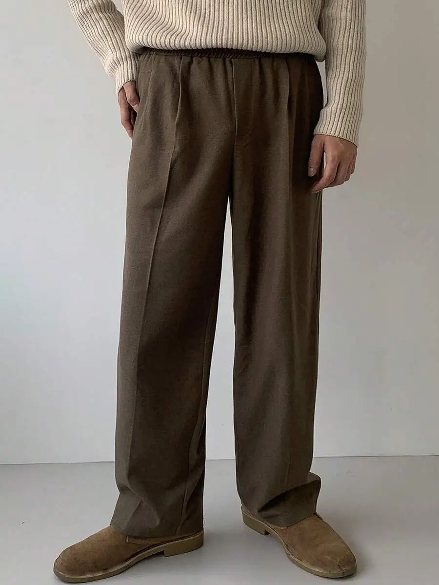 ソリッドカラー ウエスト伸縮デザイン ブラウン カジュアルパンツ