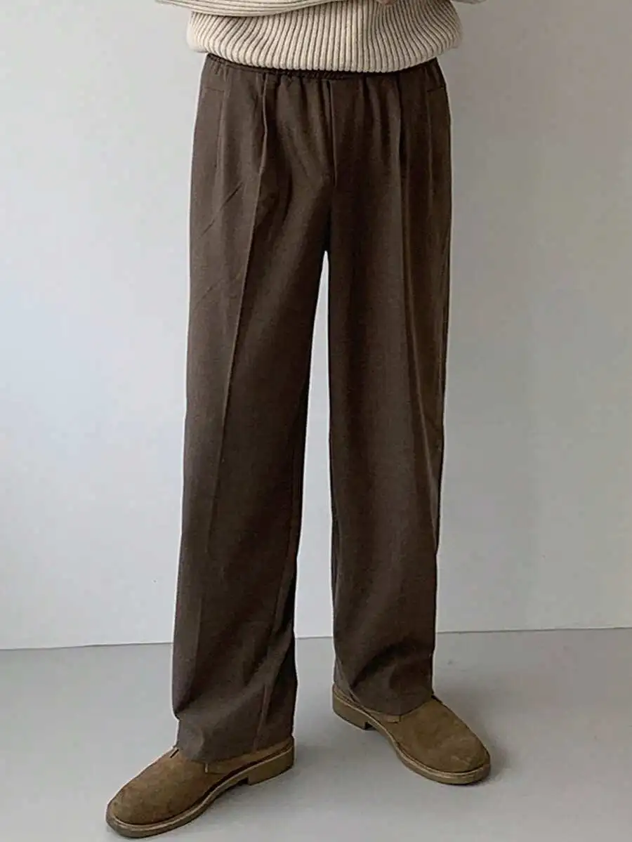 ソリッドカラー ウエスト伸縮デザイン ブラウン カジュアルパンツ