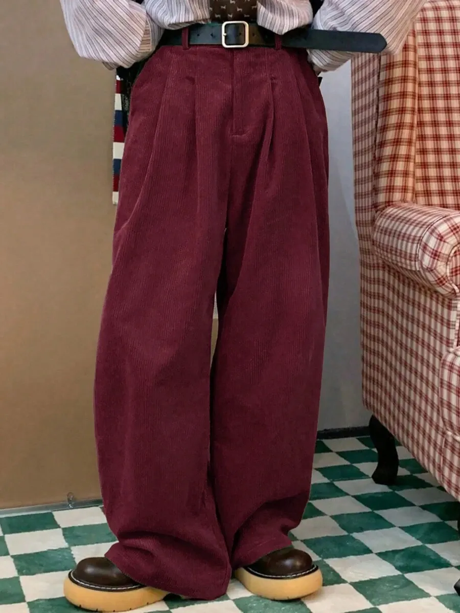 メンズ ルーズフィット ワイドレッグ コーデュロイパンツ