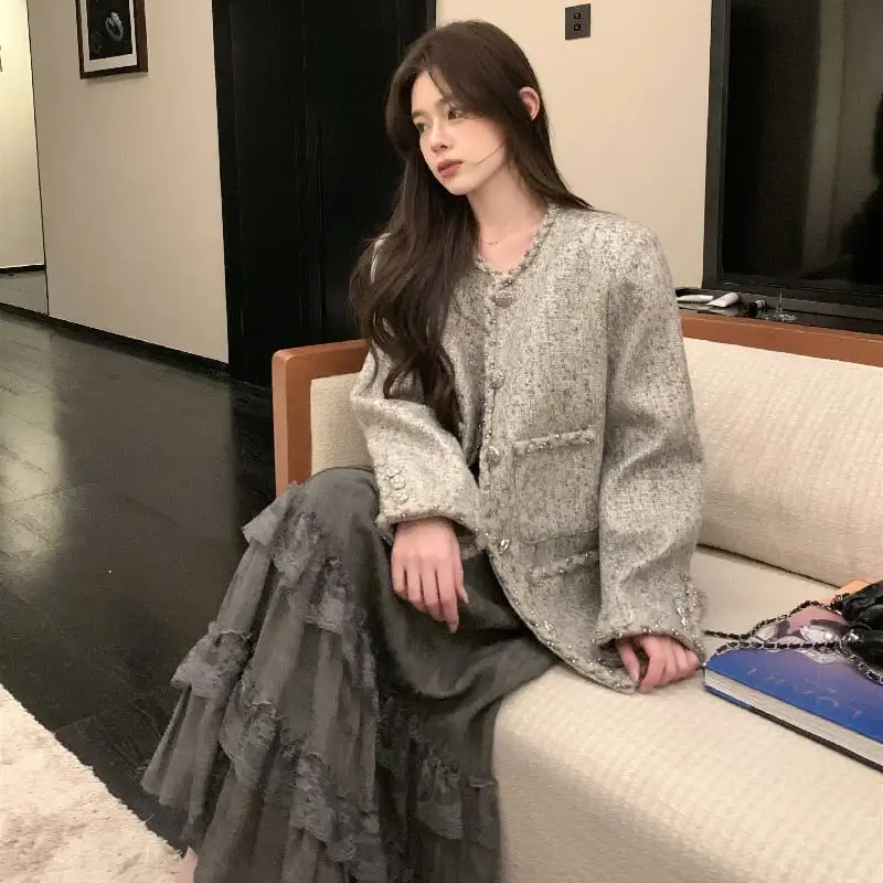 アウター ジャケット ツイード 長袖 目を奪われる グレー