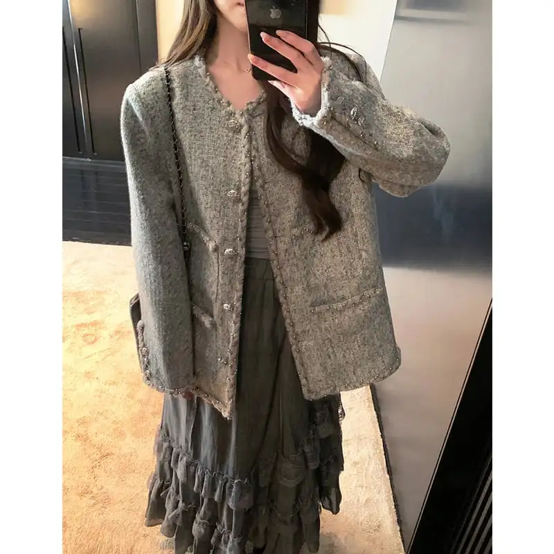 アウター ジャケット ツイード 長袖 目を奪われる グレー