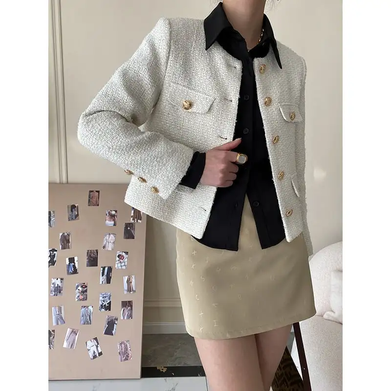 アウター ジャケット ツイード 無地 OL/フォーマル 長袖 ホワイト