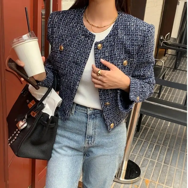 アウター ジャケット ツイード ファッション 長袖 ダークブルー