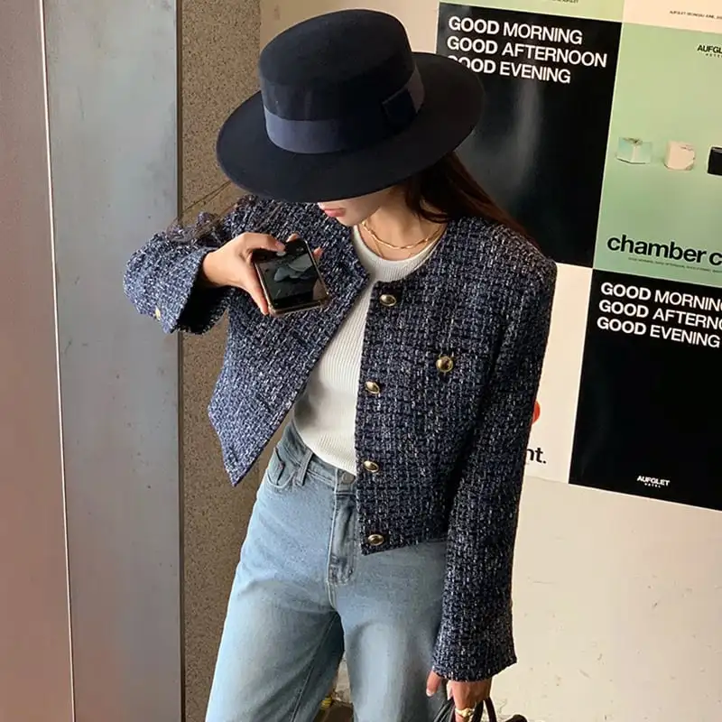 アウター ジャケット ツイード ファッション 長袖 ダークブルー