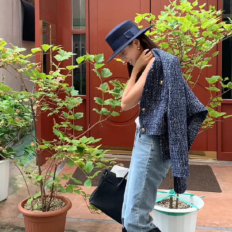 アウター ジャケット ツイード ファッション 長袖 ダークブルー