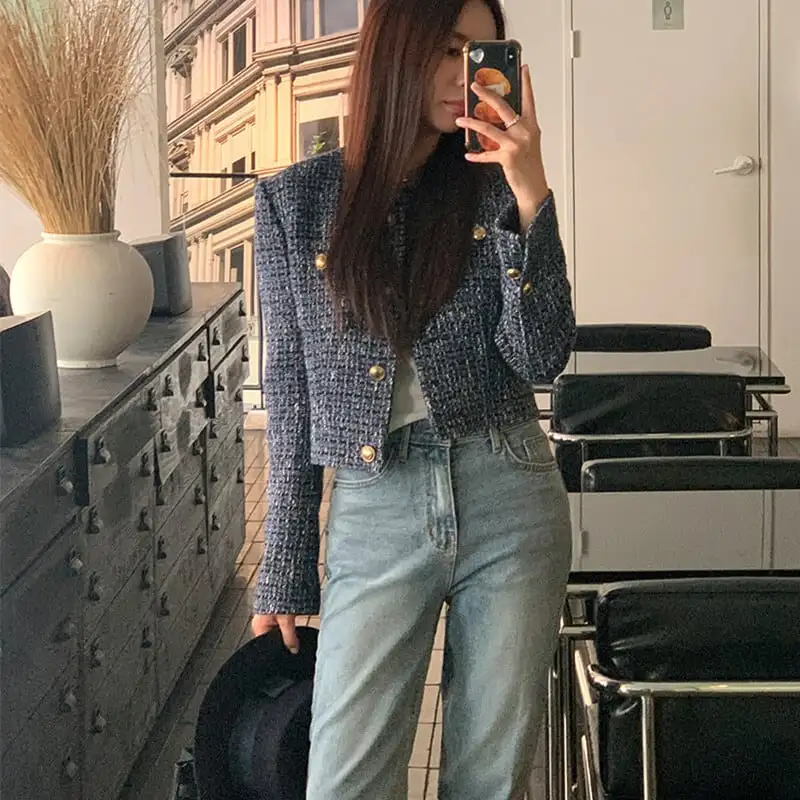 アウター ジャケット ツイード ファッション 長袖 ダークブルー