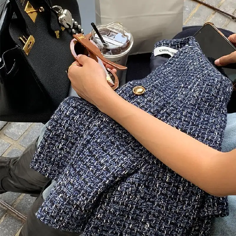 アウター ジャケット ツイード ファッション 長袖 ダークブルー