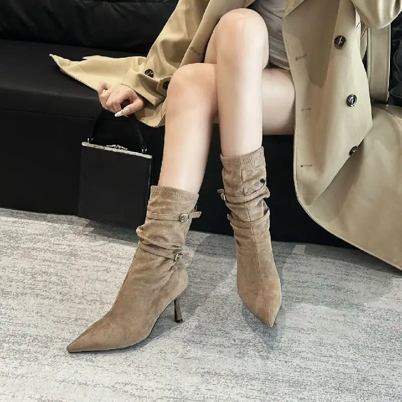 ストレッチ シュークリームブーツ ショートブーツ ブラック ライトブラウン 8CM