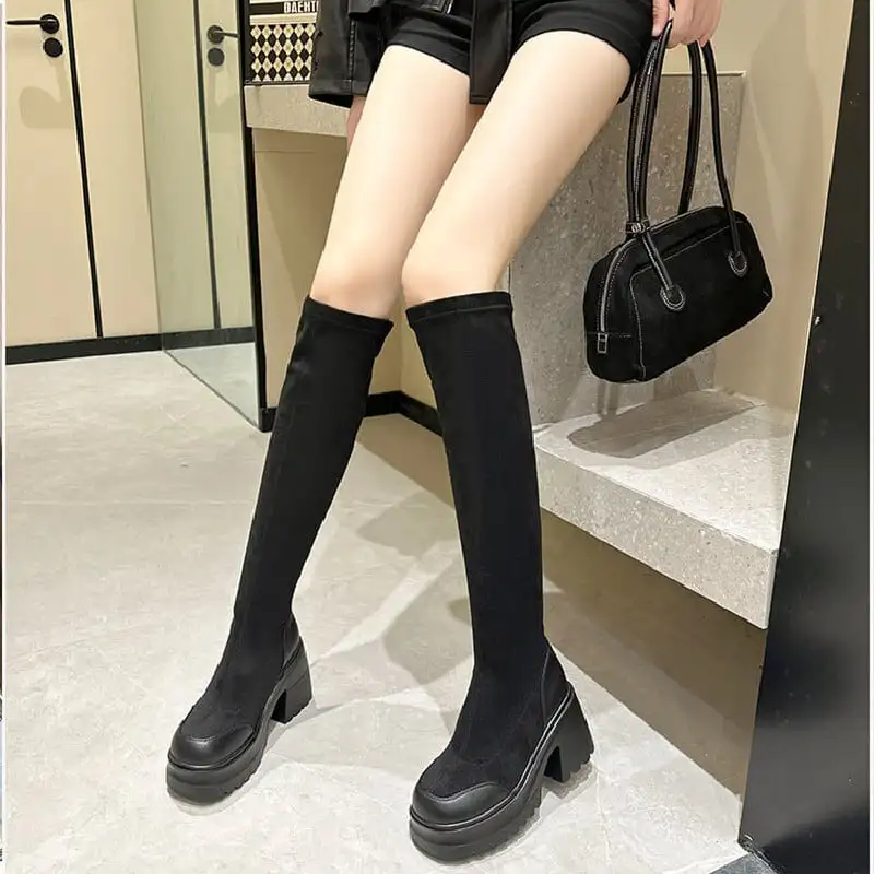 スタイルアップ効果 ストレッチブーツ 細見えロングブーツ 太ヒール 10CM