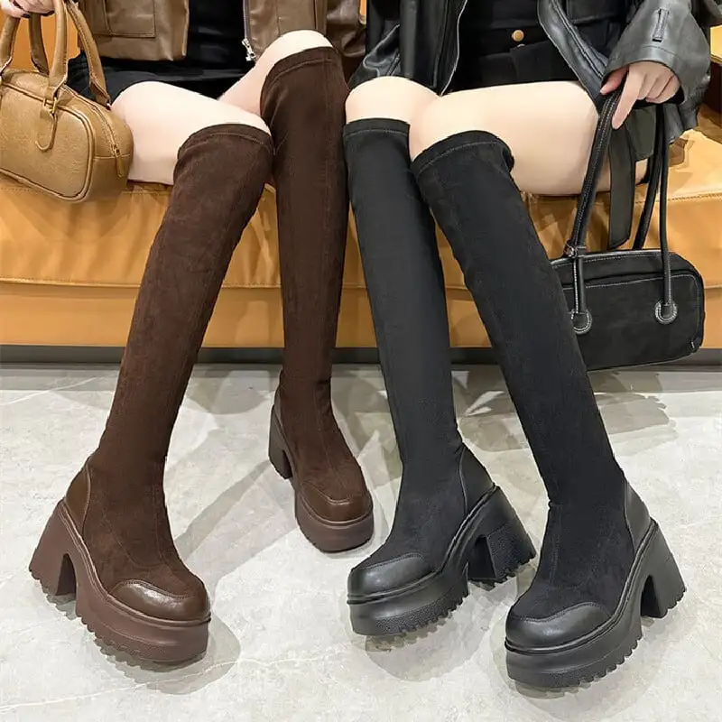 スタイルアップ効果 ストレッチブーツ 細見えロングブーツ 太ヒール 10CM