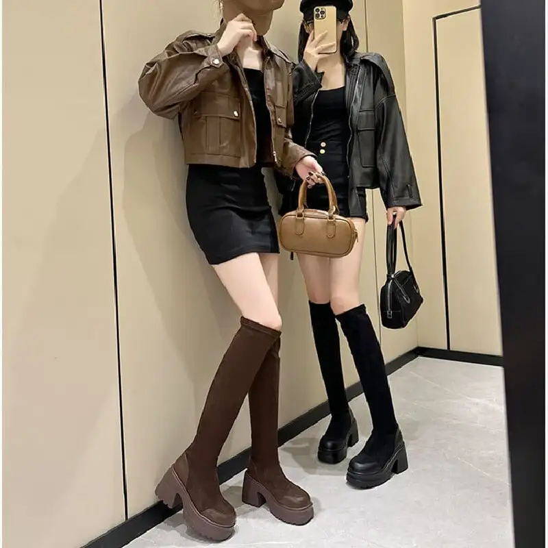 スタイルアップ効果 ストレッチブーツ 細見えロングブーツ 太ヒール 10CM