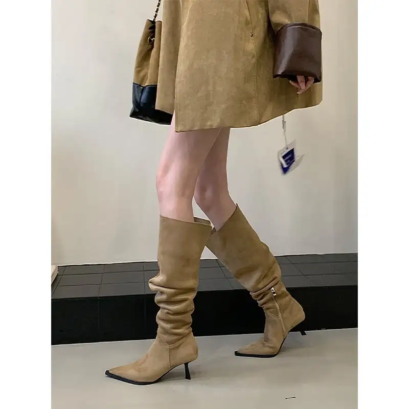 3colors スエード調 ポインテッドトゥ ピンヒール ロングブーツ 6CM