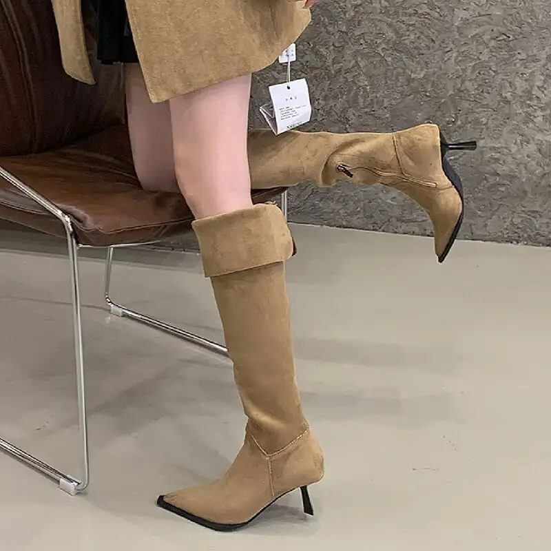 3colors スエード調 ポインテッドトゥ ピンヒール ロングブーツ 6CM