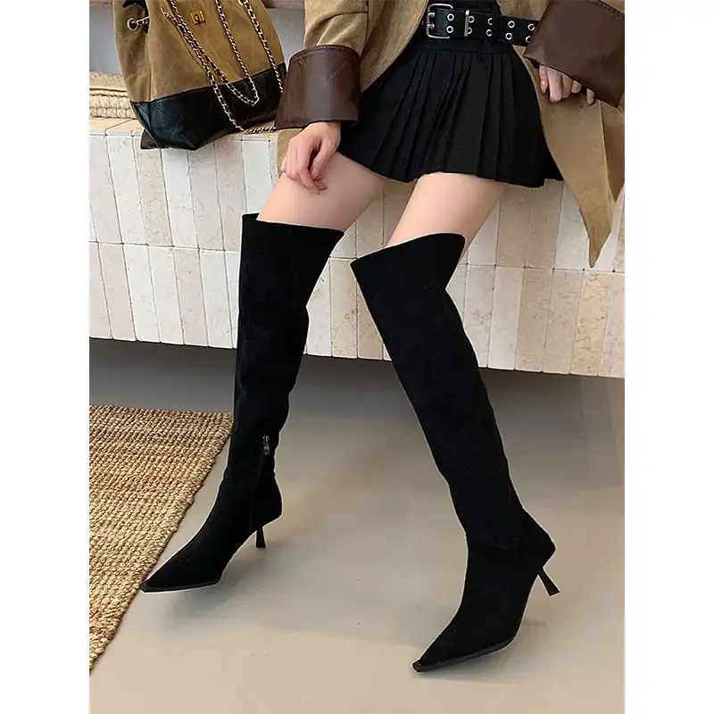 3colors スエード調 ポインテッドトゥ ピンヒール ロングブーツ 6CM