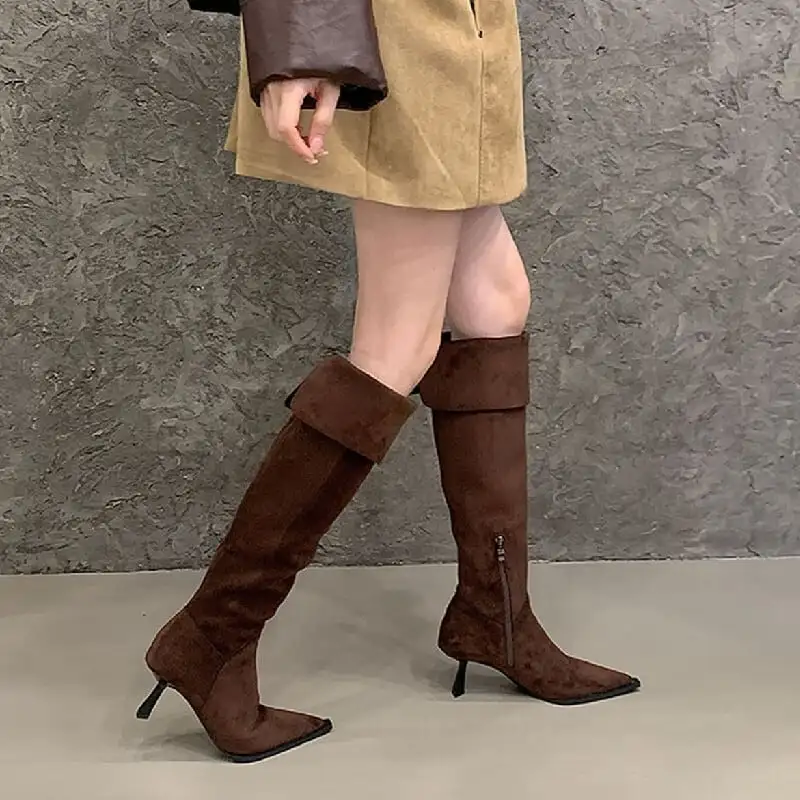 3colors スエード調 ポインテッドトゥ ピンヒール ロングブーツ 6CM