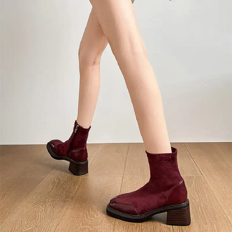 シューズ ブーツ パッチワーク ブロックヒール ワインレッド
