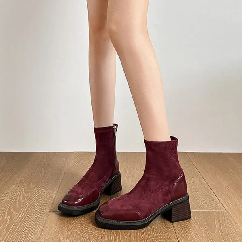 シューズ ブーツ パッチワーク ブロックヒール ワインレッド