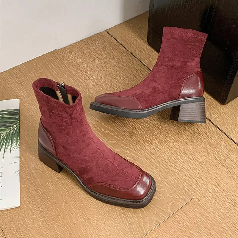 シューズ ブーツ パッチワーク ブロックヒール ワインレッド