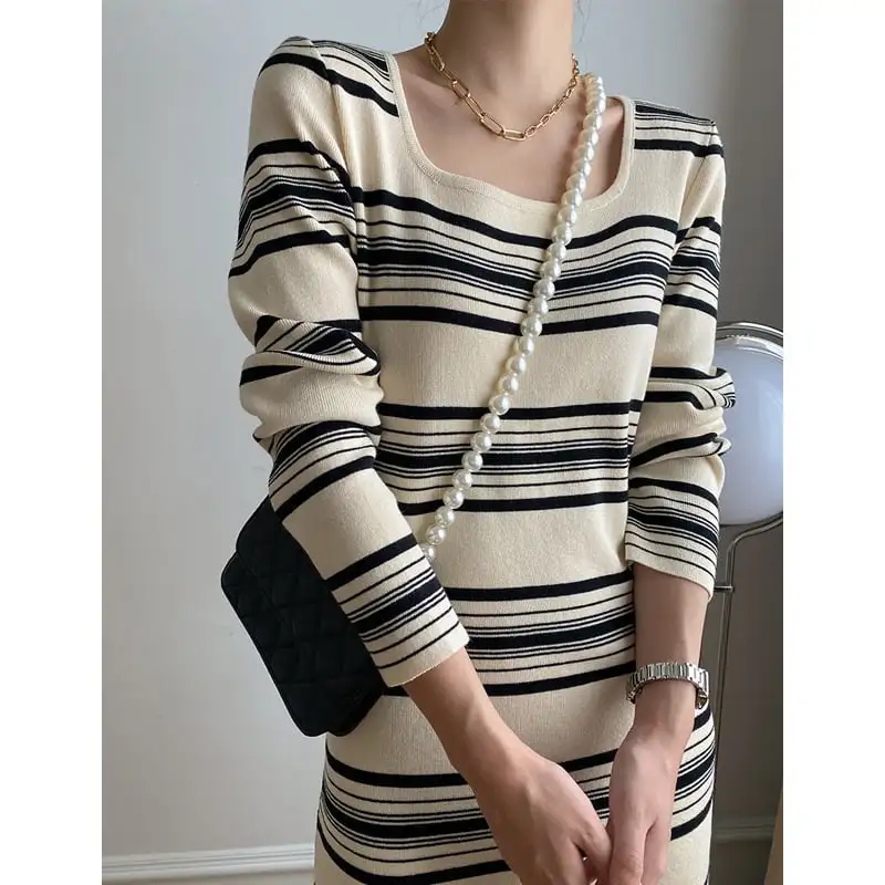 ワンピース ニット 配色 ストライプ柄 シンプル 長袖 ベージュ ブラック