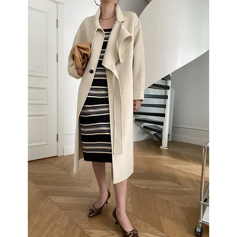 ワンピース ニット 配色 ストライプ柄 シンプル 長袖 ベージュ ブラック