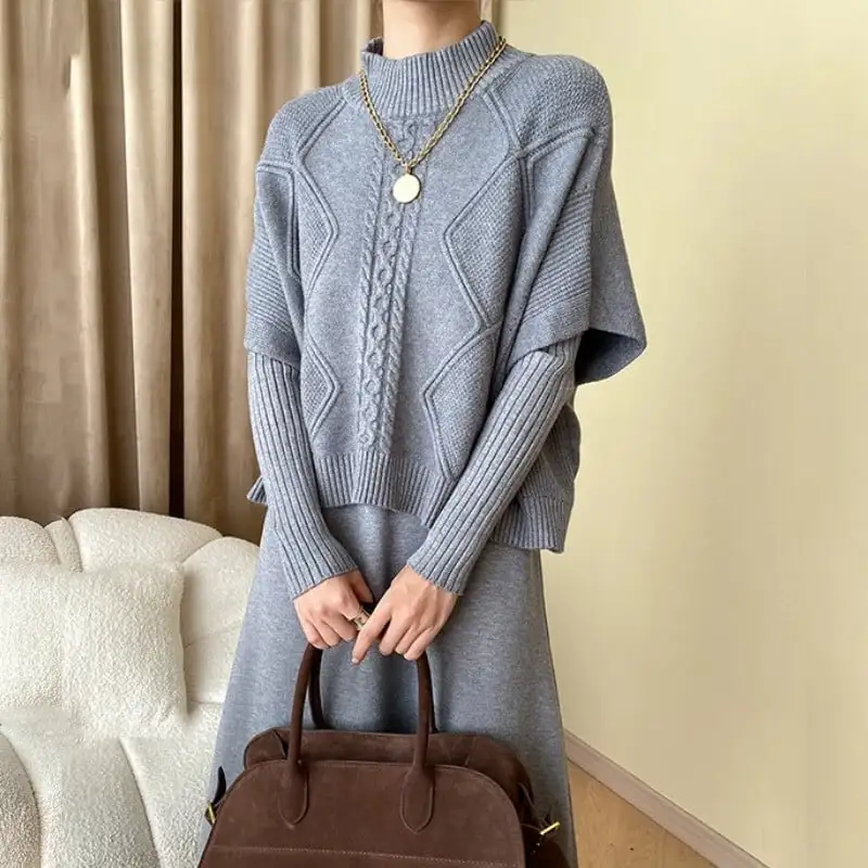 3colors 重ね着コーデ ニット アラン編み バットスリーブ 2点セット