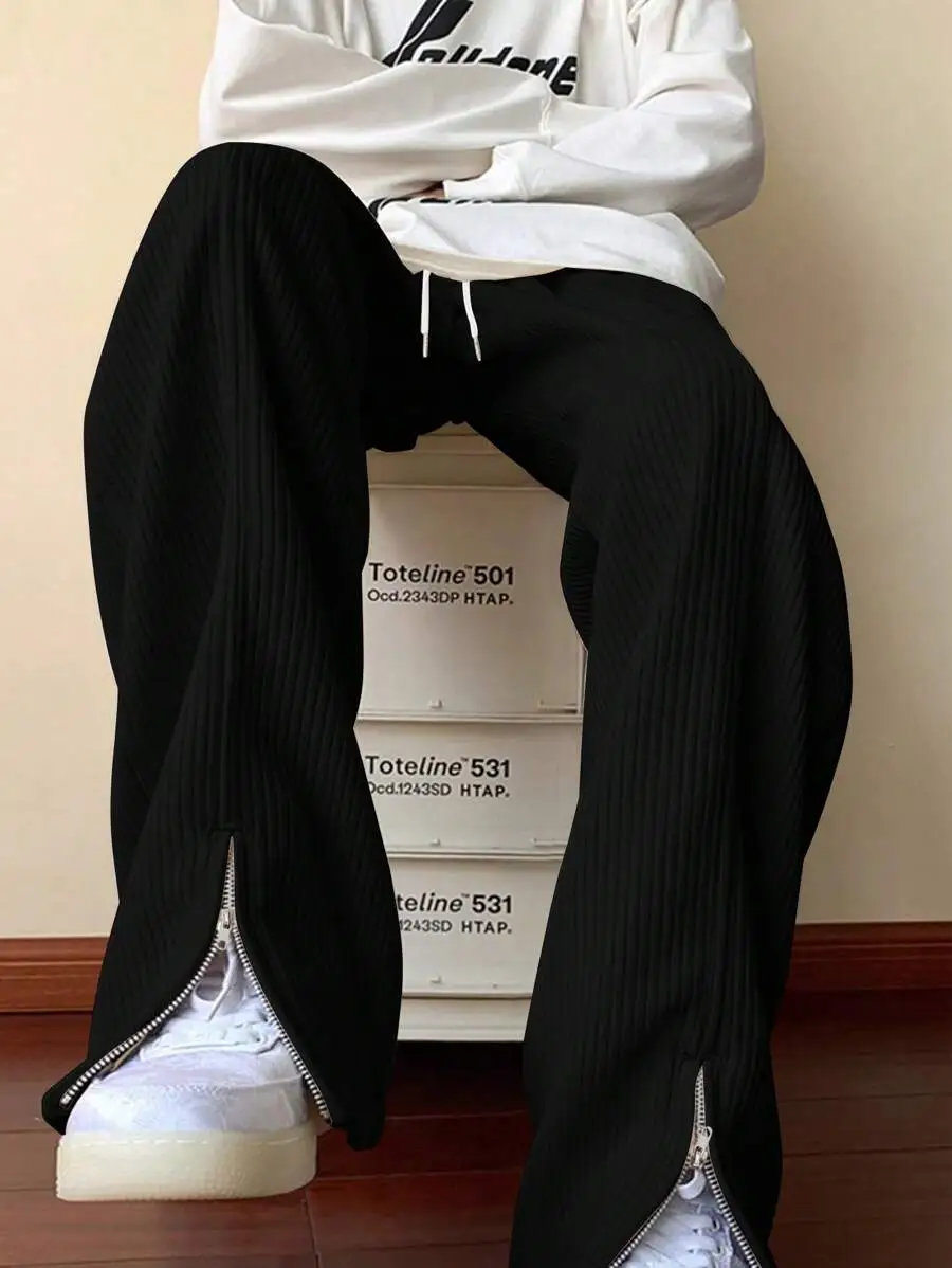 コーデュロイ ジップスリット ワイドレッグパンツ 無地 カジュアル スポーティー ロングパンツ