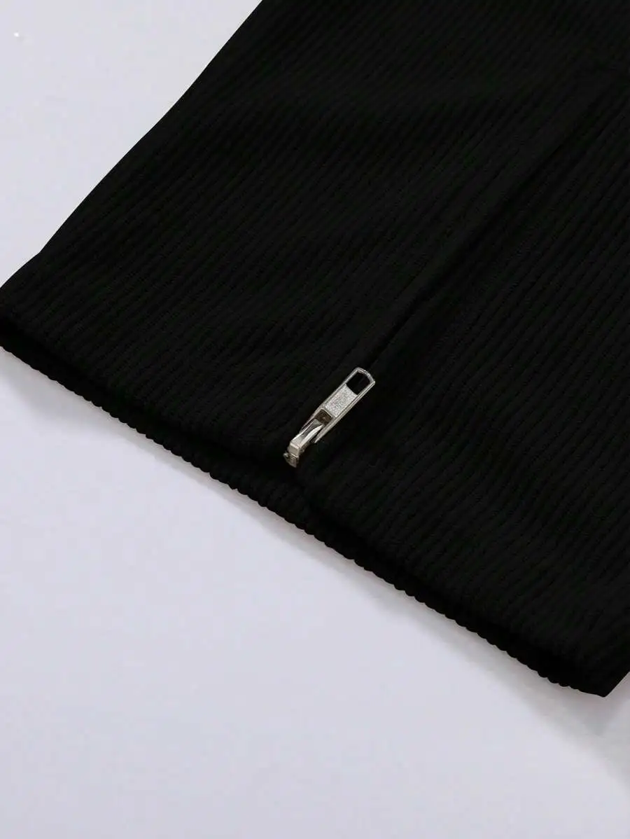 コーデュロイ ジップスリット ワイドレッグパンツ 無地 カジュアル スポーティー ロングパンツ