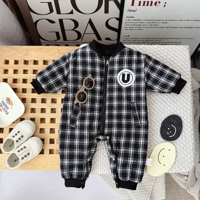 【66-100cm】リバーシブルチェック暖かいロンパース