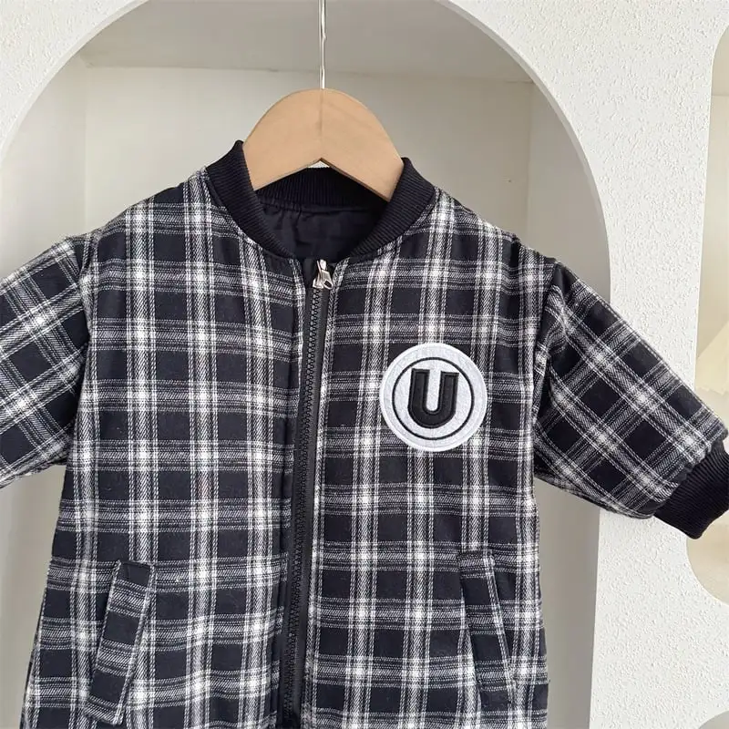 【66-100cm】リバーシブルチェック暖かいロンパース