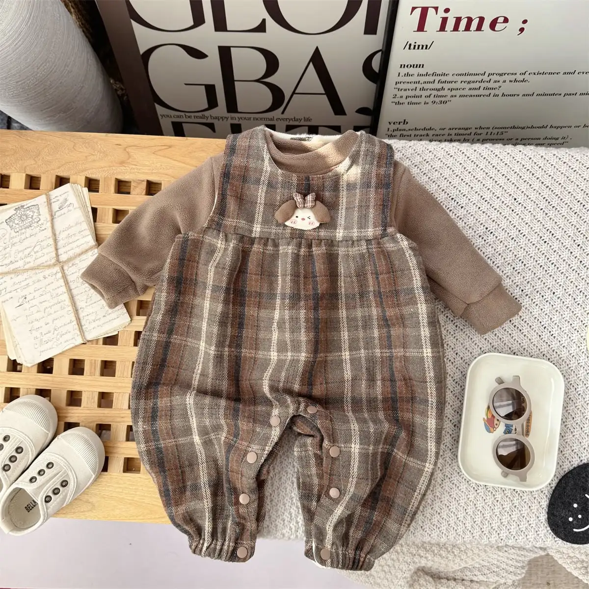 【66-100cm】ブラウン チェック オールインワン＆Ｔシャツ