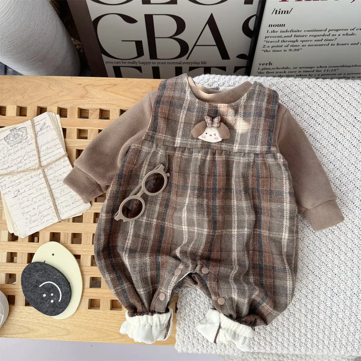 【66-100cm】ブラウン チェック オールインワン＆Ｔシャツ